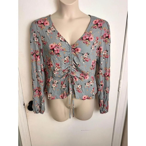 Rewind Floral Gray & Pink Floral Ruched Drawstring Blouse – Size XL #0729 - Picture 1 of 8